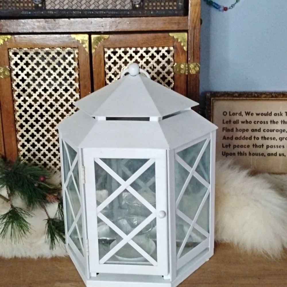 . White Metal Lantern - Tea Light Candle Holder Lantern with Wall Mount